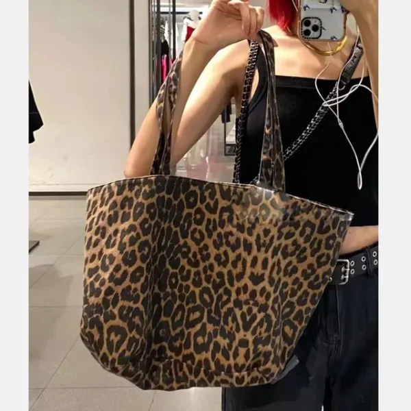 Women Bag 2024 New Tote Bag Leopard Pattern Animal Print Large Capacity One Shoulder Handheld Canvas Shopping Bag