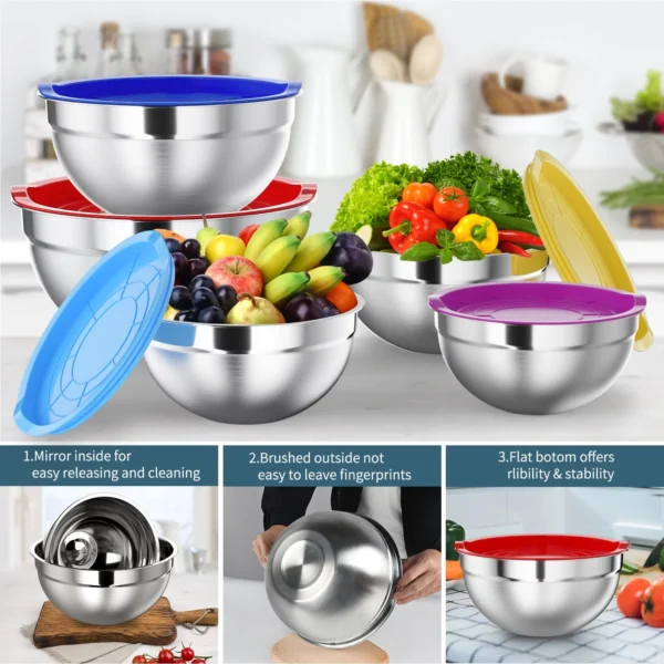 TINANA Mixing Bowls with Lids: Stainless Steel Mixing Bowls Set - 7PCS Metal Nesting Mixing Bowls for Kitchen, Size 7, 4.5, 3, 2, 1.5, 1, 0.7 QT, Great for Prep, Baking, Serving-Multi-Color - Image 4