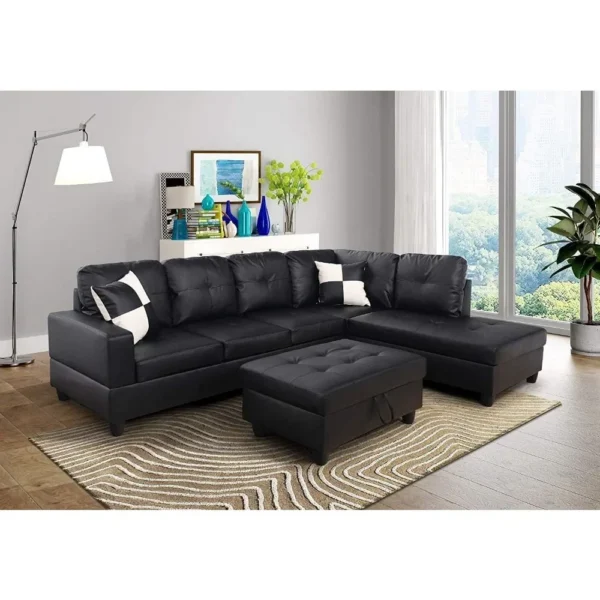 Sofa Sectional Sofa with Chaise Longue, Haussmann, 2 Pillows, for Living Room Furniture,L-shaped Faux Leather Sectional Sofa Set - Image 2