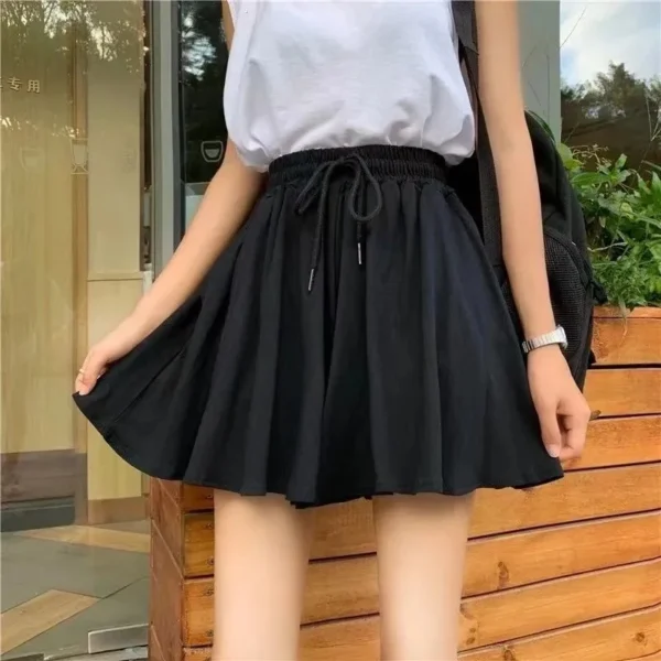 Summer Shorts Skirts Women Elastic High Waist Casual Wide Leg Shorts Korean A Line Loose Mini Skirt Black Short Pants