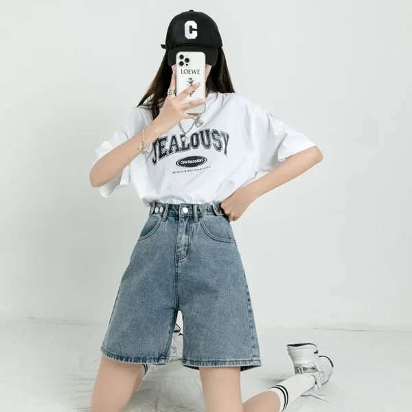 ZOENOVA Belted Shorts Jeans Women Baggy Y2K Fashion Straight Vintage Streetwear Denim 2024 Summer Loose Femme Denim Short Pants - Image 2