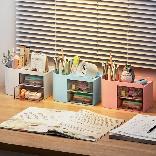 Simple Pen Holder With Drawer Multifunction Desktop Organizer Stationery Storage Box Student Office Desk Decorations - Image 4