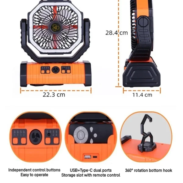 10000mAh Camping Fan Rechargeable Outdoor Ceiling Oscillating Fan Portable Air Cooler with Remote Control LED Night Light Timer - Image 6