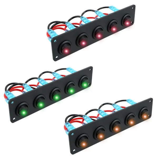 Switch Panel 5 Gang 12-24V Round Dash Rocker Toggle Interior Parts LED Waterproof for RV Yacht MarineCar Marine