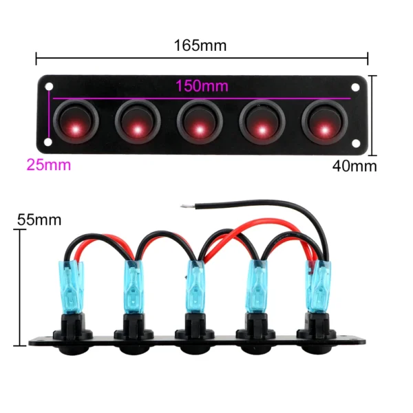 Switch Panel 5 Gang 12-24V Round Dash Rocker Toggle Interior Parts LED Waterproof for RV Yacht MarineCar Marine - Image 2