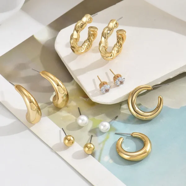 6Pcs Classic Geometry Glossy Ccb Gold Plated Waterdrop C Shape Hoop Earrings Set for Women Teens Vintage Daily Wear Ear Jewelry - Image 4