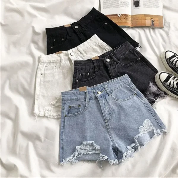 Cowboy Shorts Women's Summer Korean High Waist Casual Blue Denim Shorts Pocket Tassel Perforated Fashion Shorts Y2K Female Jeans - Image 2