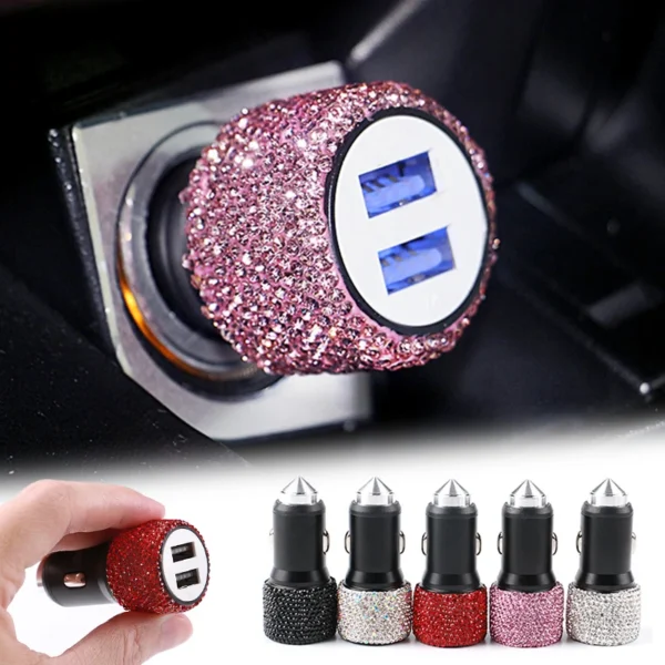 5V 2.1A Dual USB Port Car Charger Fast Adapter Universal Diamond Inlay Cigarette Lighter Connection Car Accessories Interior 1Pc