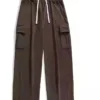 Men's High Street Spring Fall Solid Color Drawstring Straight Leg Casual Cargo Pants Striped Casual Cotton Tracksuit Pants - Image 3