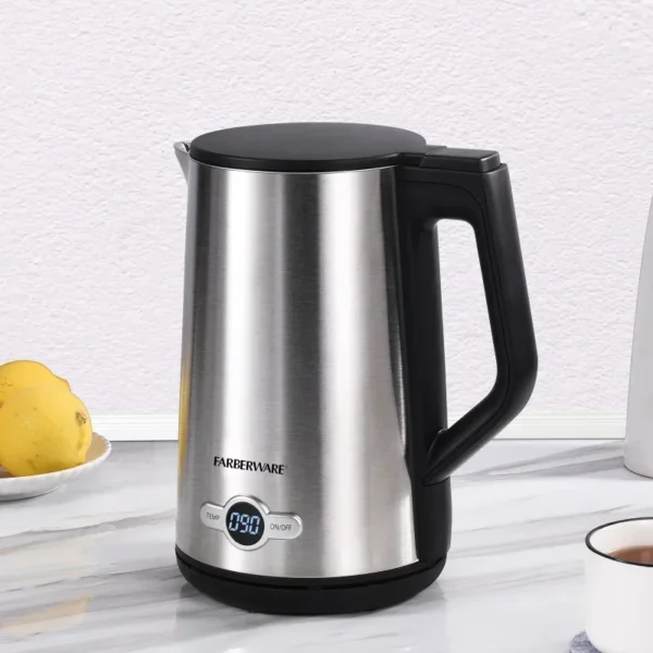 Farberware 1.7 Liter Electric Kettle, Double Wall Stainless Steel and Black Samovar Household Appliances