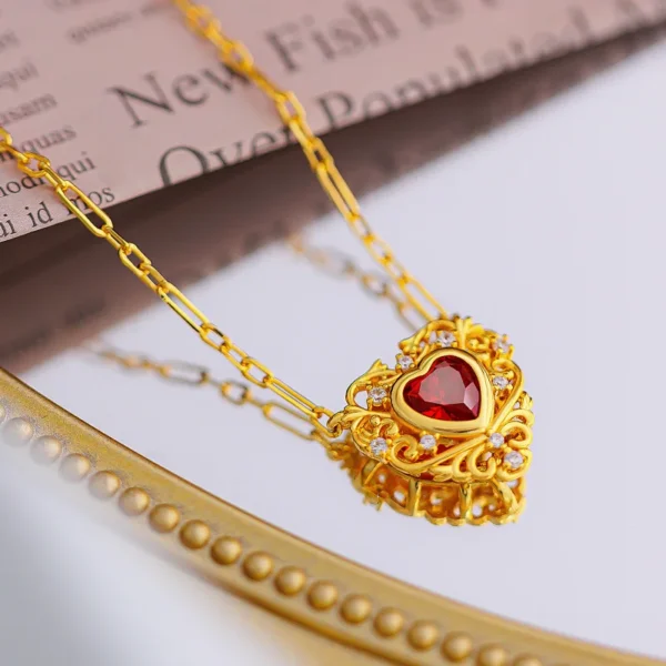 Real18 K Gold Color Ruby Zircon Heart Collar Necklace Chain for Women Valentine's Day Anniversary Wedding Jewelry Gifts