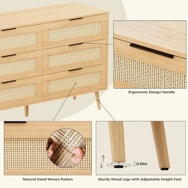 Natural Rattan Dresser for Bedroom with 6 Drawers Modern Wood 6 Drawer Dresser with Black Handles Chest of Drawers for Nursery - Image 5