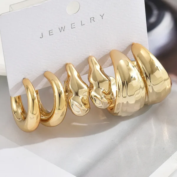 6Pcs Classic Geometry Glossy Ccb Gold Plated Waterdrop C Shape Hoop Earrings Set for Women Teens Vintage Daily Wear Ear Jewelry