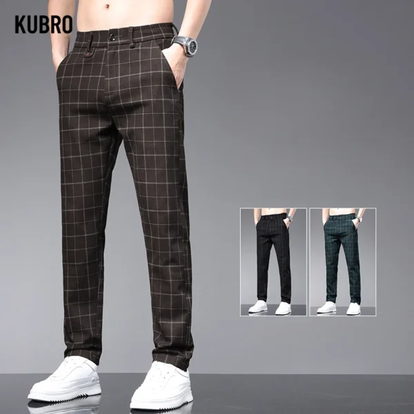 KUBRO Summer Thin Ice Silk Office Men's Business Casual Suit Pants Korean Fashion Youth Slim Straight Versatile Plaid Trousers