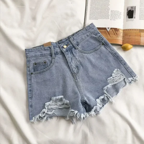 Cowboy Shorts Women's Summer Korean High Waist Casual Blue Denim Shorts Pocket Tassel Perforated Fashion Shorts Y2K Female Jeans - Image 5