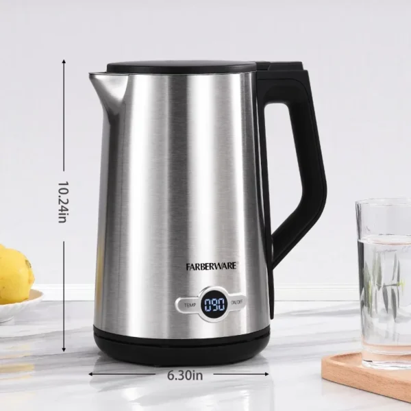 Farberware 1.7 Liter Electric Kettle, Double Wall Stainless Steel and Black Samovar Household Appliances - Image 5