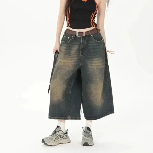 Women Y2k Style Baggy Denim Shorts Wide Leg Short Pants Fashion High Waisted Dark Wash Knee Length Loose Unisex Jeans Casual - Image 3