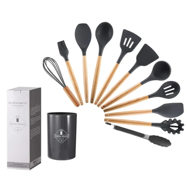 12PCS Silicone Kitchenware Non-Stick Cookware Kitchen Utensils Set Spatula Shovel Egg Beaters Wooden Handle Cooking Tool Set