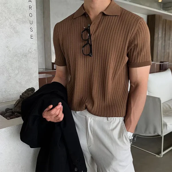 Summer Men's Clothing Retro Knit Lapel Striped Polo Shirt Solid Color Short Sleeve Fashion Light Luxury Popular Knitwear M-3XL - Image 2