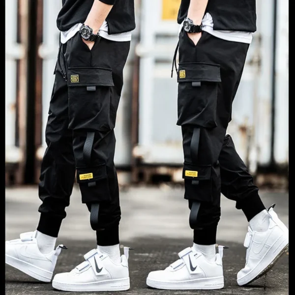 Men's Cargo Pants Casual Hip Hop Hit Color Multiple Pockets Trousers Streetwear Ribbons Techwear Sweatpants