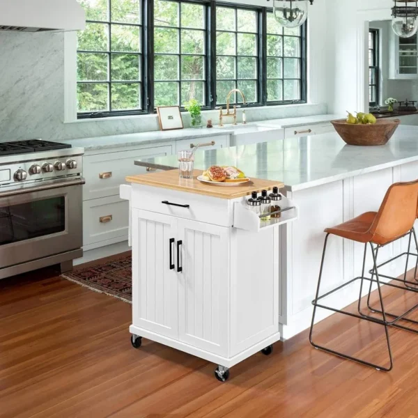 Kitchen Island On Wheels with Storage Cabinet and Drawer, Kitchen Trolley Cart with Spice Rack and Towel Bar for Dining Room - Image 5