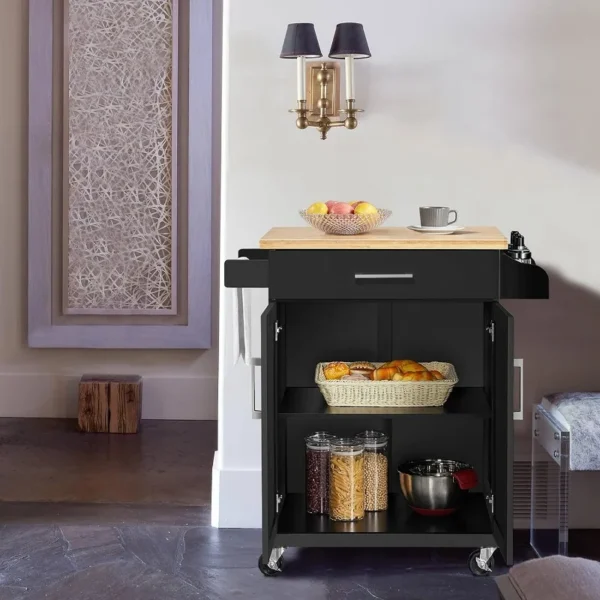 Kitchen Island On Wheels with Storage Cabinet and Drawer, Kitchen Trolley Cart with Spice Rack and Towel Bar for Dining Room - Image 3