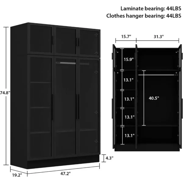 Glass Wardrobe Closet with Lights, Amoire Wardrobe with Glass Doors and Shelves, Armoire Wardrobe Closet with Hanging Rod - Image 6