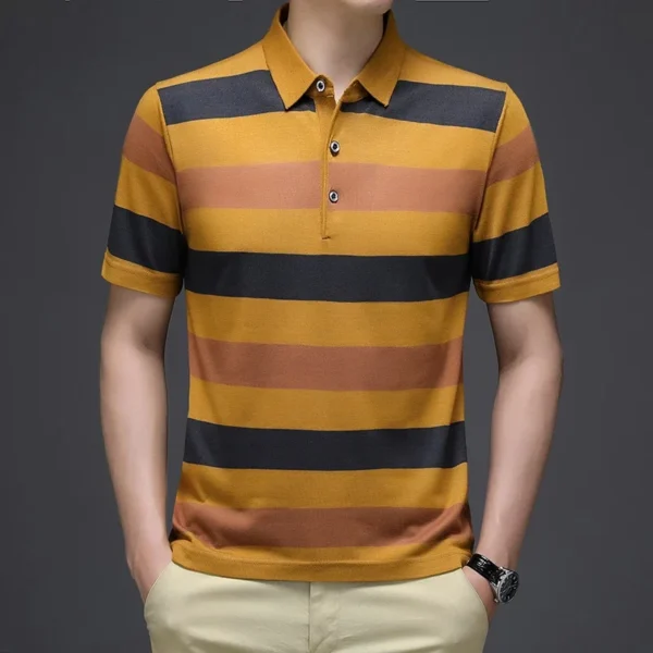 2024 Summer New Men's Knitted Stripe Short Sleeved POLO Shirt Comfortable and Cool Casual Fashion T-shirt - Image 2