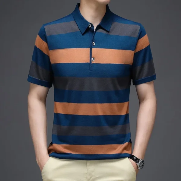 2024 Summer New Men's Knitted Stripe Short Sleeved POLO Shirt Comfortable and Cool Casual Fashion T-shirt