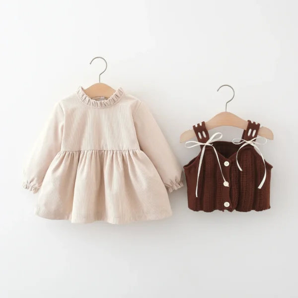 Autumn and Winter New Girls Dress Long Sleeve Casual Lady Bow Ribbon Waistcoat Two-piece Set (0-3 Years Old Girls) - Image 3