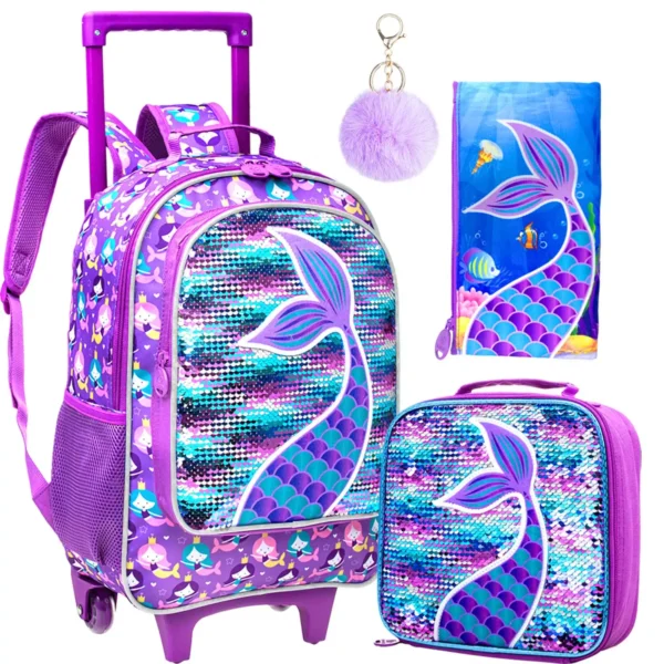 3PCS Rolling Backpack for Girls Kids Roller Wheels Bookbag with Lunch Bag Pink Fishtail Glow-in-the-dark Function