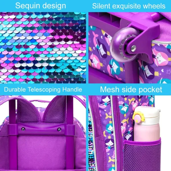 3PCS Rolling Backpack for Girls Kids Roller Wheels Bookbag with Lunch Bag Pink Fishtail Glow-in-the-dark Function - Image 4