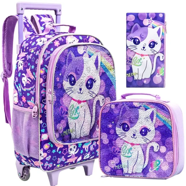 3PCS Rolling Backpack for Girls Kids Roller Wheels Bookbag with Lunch Bag Purple Cat Pattern Design Glow-in-the-Dark Function