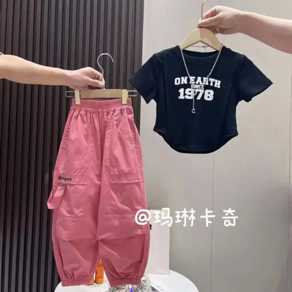 Girls' Suits Summer New Short-sleeved Tops Simple Design + Thin Overalls Two-piece Suits for Casual Wear Loungewear Outfit - Image 2