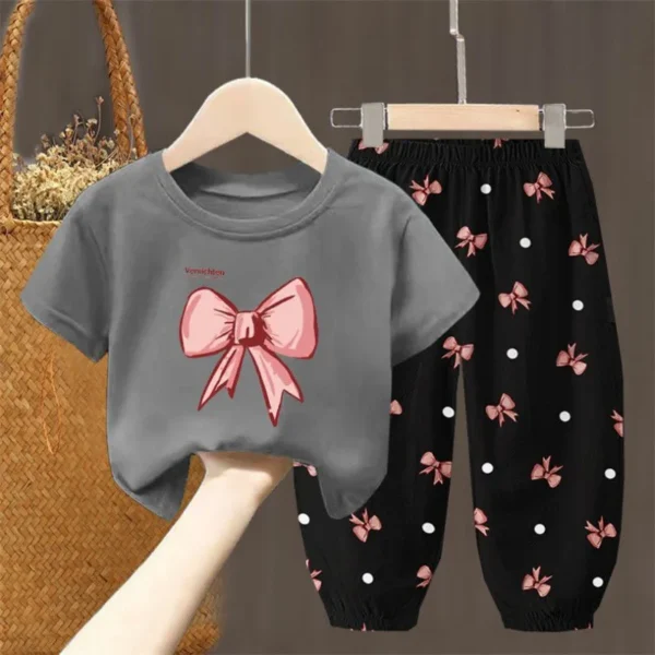 Children's Suit Short-sleeved Round Neck Top with Bow Print+cuffs Trousers 2-piece Set Simple Style Outer Wear Casual Loungewear - Image 3