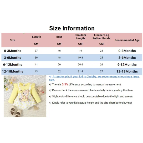 0-18 Months Newborn Baby Girl Cute Teddy Bear Long Sleeved Bodysuit Dress for Infant Girl Fashion Costumes Autumn One Piece - Image 6