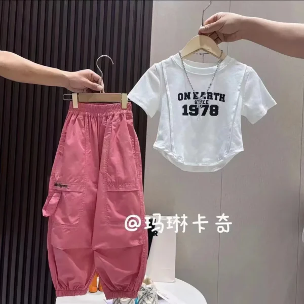 Girls' Suits Summer New Short-sleeved Tops Simple Design + Thin Overalls Two-piece Suits for Casual Wear Loungewear Outfit